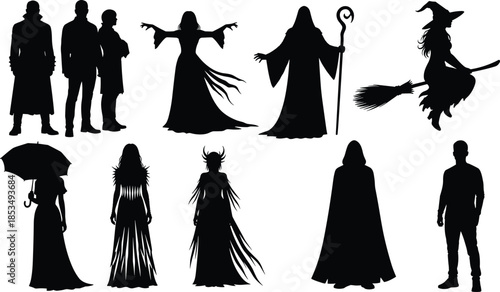 Silhouette set of fantasy characters, witch on broom, wizard with staff, dark hooded figures, sorceress, gothic people, and mystical magic creatures.