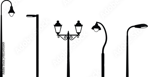 Street lamp silhouette set, modern and vintage outdoor lighting icons, city lamppost collection, urban light pole vectors for architectural design.