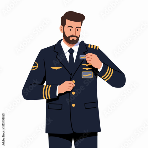 Professional Male Airline Pilot Adjusting Name Badge on Uniform, Cartoon Vector Illustration of a Bearded Captain Ready for Flight Duty