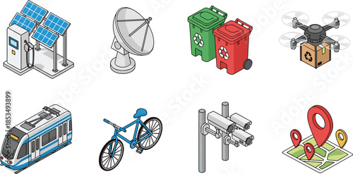 Smart city isometric icons featuring solar panels, electric vehicle charging, delivery drone, recycling bins, security cameras, and public transportation vector set
