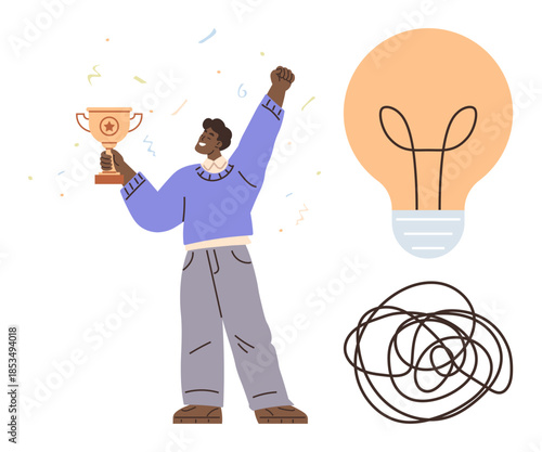 Person holding a trophy celebrates success with a raised fist, alongside a glowing light bulb and unraveled scribble symbolizing clarity. Ideal for creativity, success, problem-solving, innovation