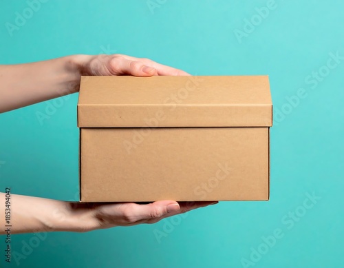 Close-up of hands holding a brown rectangular cardboard box