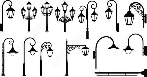 Street lamp silhouette set, vintage outdoor lighting icons, classic lamppost collection, antique lantern vectors for architectural design, urban park light.