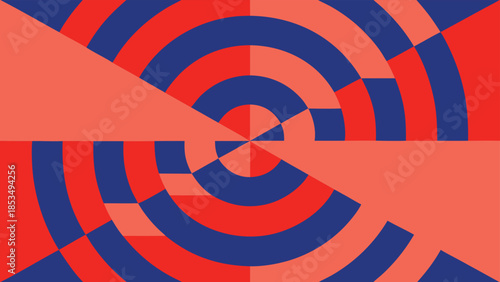 Geometric color block composition featuring arcs and shapes in complementary vibrant hues