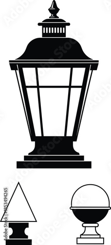 Vintage garden lantern silhouette with outdoor street lamp post and geometric lighting icons for architectural design, home decor, and exterior landscaping