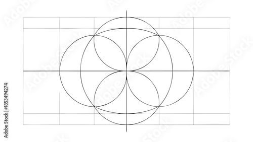 Geometric design featuring intersecting circles and lines against a grid background