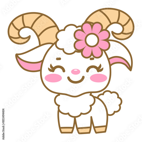 Cute white goat with flower on head smiling with rosy cheeks and curly horns, playful happy mood in kawaii cartoon style