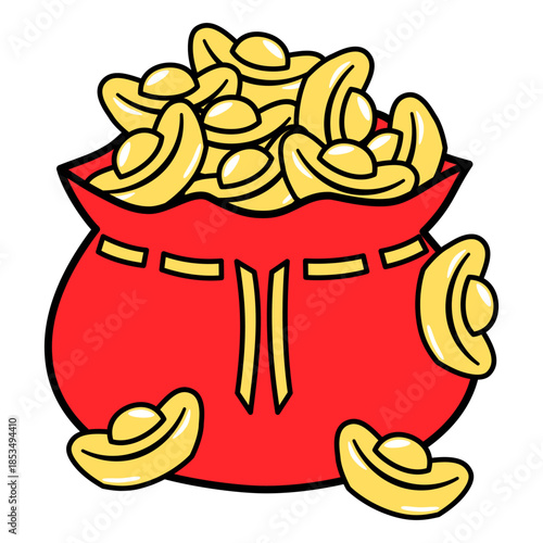 Red money pouch filled with gold ingot coins overflowing with joyful abundance and festive prosperity