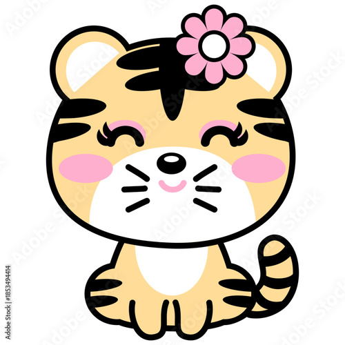 Cute cartoon tiger with flower head accessory smiling with closed eyes and rosy cheeks showing playful happy expression