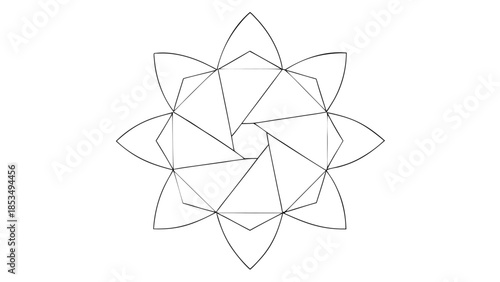 Geometric flower shape made of black lines on white background with symmetry