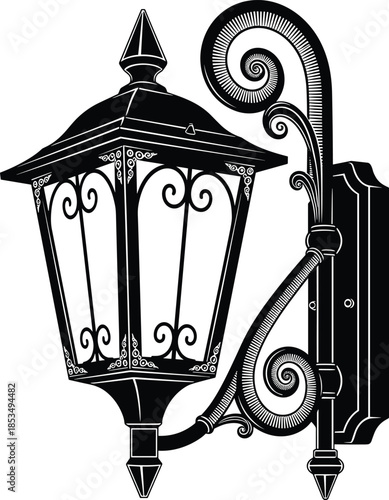 Vintage ornate wall lantern silhouette with decorative swirls and classical architectural details for exterior home lighting, garden decor, and landscaping concepts