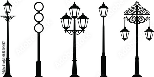Vintage street lamp silhouette set, antique outdoor lighting icons, old city lamppost collection, decorative Victorian light pole vectors for architecture.