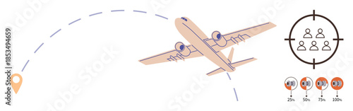 Airplane traveling along a dotted route towards destination, target audience icon, and progress metrics. Ideal for travel, aviation, marketing strategy, customer targeting, progress, analytics