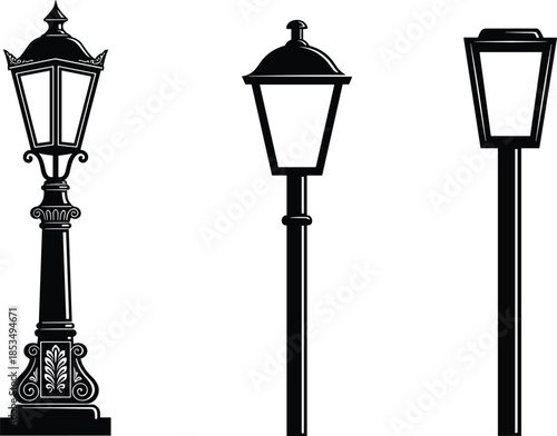 Vintage street lamp silhouette set, antique outdoor lighting icons, old city lantern collection, classic Victorian lamppost vectors for urban design.