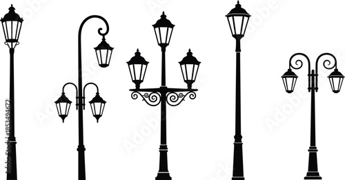 Vintage street lamp silhouette set, antique outdoor lantern collection, old wrought iron lamppost icons, classic Victorian garden light pole vectors.