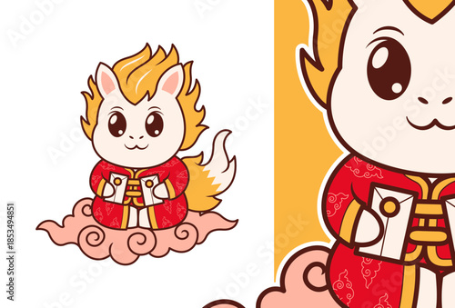 Cute Kirin Character Holding Envelopes for Lunar New Year Celebration
