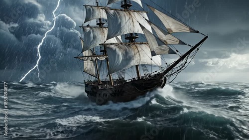 Majestic Tall Ship Navigating Stormy Seas with Lightning Strikes.