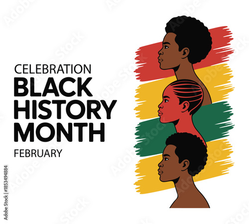 Black History Month Celebration, African American Children Silhouettes on Red Yellow Green Brush Strokes Vectot on a White Background