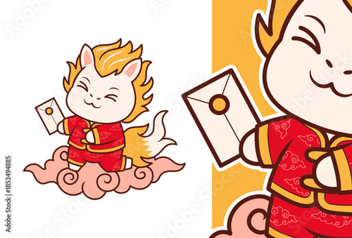 Cute Kirin Character Holding Envelopes for Lunar New Year Celebration