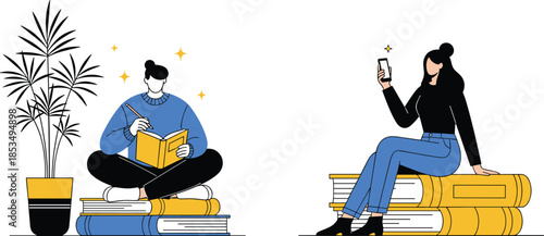 Woman sitting on giant books while writing and using smartphone for education, online learning, reading, knowledge, and modern digital study concepts
