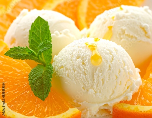 Close-up of ice cream scoops, orange slices, and mint leaves