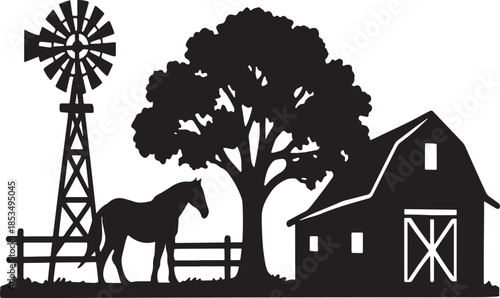 A silhouette of a farm scene with a windmill horse and barn