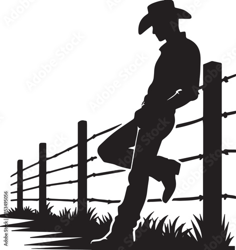 A silhouette of a cowboy leaning on a wooden fence at sunset