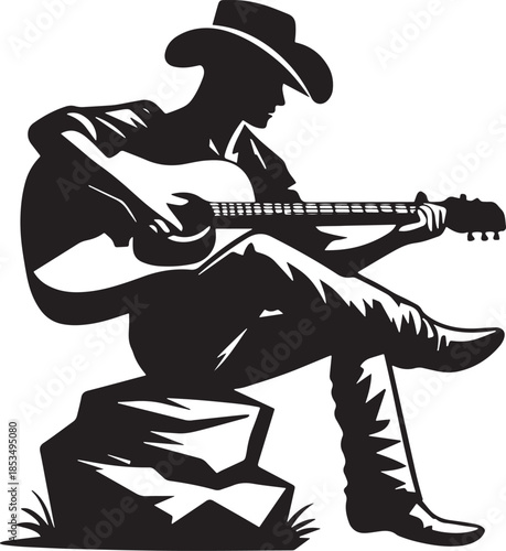 A silhouette of a cowboy playing an acoustic guitar in a simple style