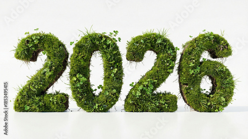 2026 New Year white numbers standing in green grass field with sunrise nature background