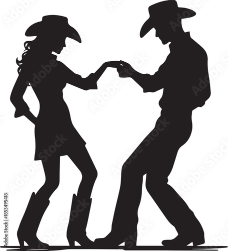 A silhouette of a cowboy and cowgirl gracefully dancing together