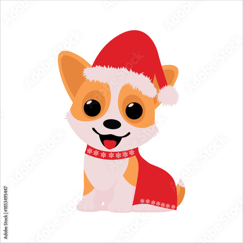 Smiling Corgi with Scarf and Santa Hat