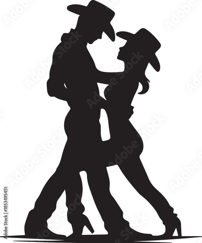 Silhouette of a cowboy and cowgirl embracing in a romantic dance