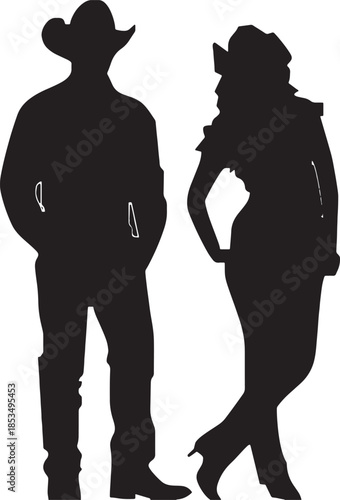 Silhouette of a cowboy and cowgirl standing close together