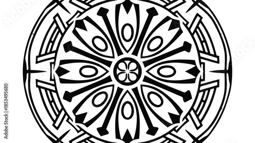 Symmetrical black and white geometric art design representing harmony and balance on white backdrop
