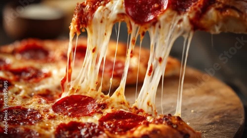 Closeup view of a pepperoni pizza with gooey melted cheese stretching between slices and pepperoni