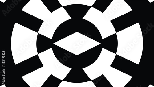 Abstract geometric design in black and white featuring circular and angular shapes