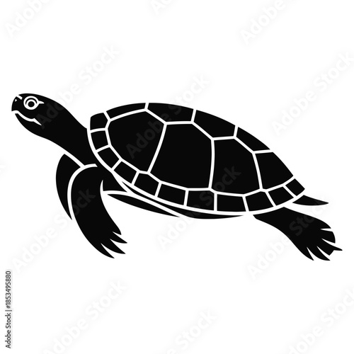 Side view silhouette of a swimming turtle with detailed shell patterns and flippers ideal for aquatic animal themes wildlife symbols and marine art