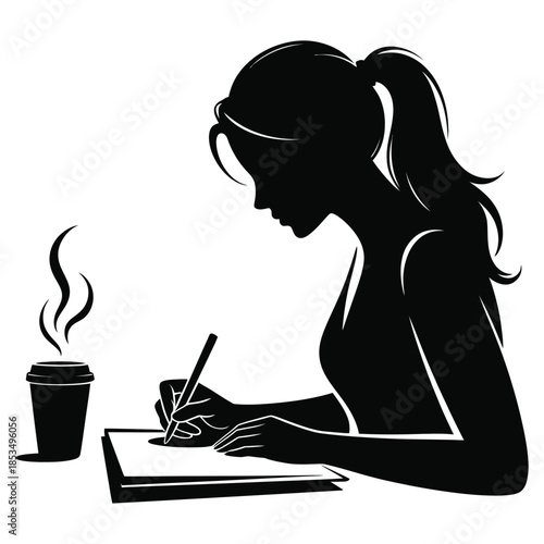 Silhouette of a woman writing or drawing at a desk with a steaming coffee cup beside her showcasing concentration creativity and productive work