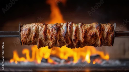 Juicy Meat Skewers Cooking Over Open Fire with Flames and Charred Wood Background 4k video footage