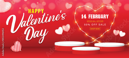 Romantic Valentine's Day Sale Banner with Red Bokeh Background, Heart Balloons, Podiums, and Glowing Light Outline