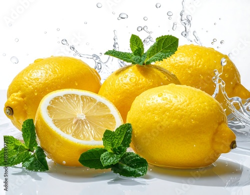 Close-up of lemons with mint leaves and splashing water