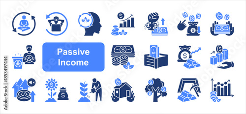 Passive income icon set with Tranquil, Freedom, Residual, Cash, Wealth, Money growth, Profit simple  vector.
