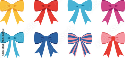 Colorful cartoon bows, decorative ribbon clipart, cute vector bow set, gift wrap elements, fashion accessories, girly design, festive decor, children’s illustration, playful style