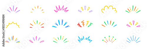 Line surprise shine ray color icon set. Hand drawn doodle color sparkle shine, surprise, sunburst frame with pop confetti ornament element collection. Comic headline decoration light ray. Vector