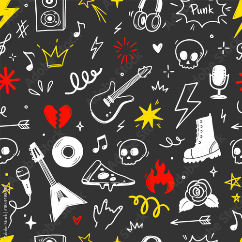 Rock music seamless pattern with guitar, skull, punk symbols. Hand drawn doodle scribbles stickers with stars, roses and love heart for rock music background, tattoo design. Vector illustration
