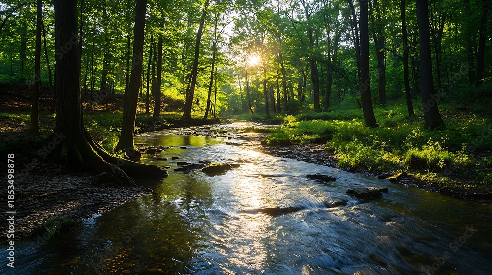 Naklejka premium Sunlit forest stream flows through lush greenery and trees