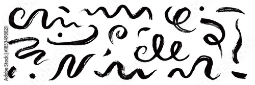 Paint brush strokes swirl, line curve, calligraphy spiral elements. Hand drawn chinese ink brush paint stroke swish, swoosh swirl doodle wavy. Grunge texture abstract line set. Vector illustration