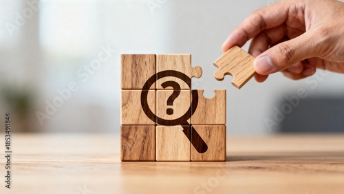 Hand placing wooden puzzle piece with magnifying glass and question mark