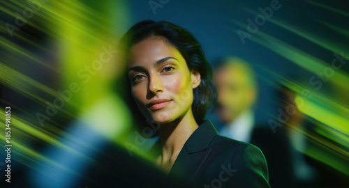 Confident female business manager stands still against rushing crowd in green and blue  palette