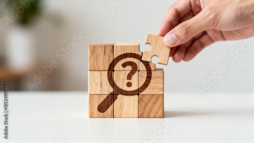 Hand placing wooden puzzle piece with question mark
